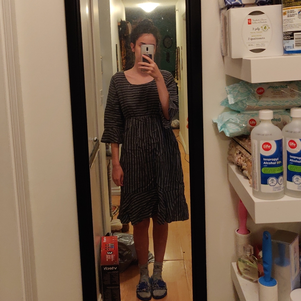 100% Linen Dress w Crew Neck, 3/4 Sleeves, Striped